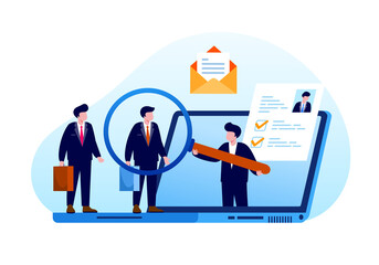 Online recruitment, job hiring concept, candidate employee, online vacancy. Illustration flat vector banner and landing page