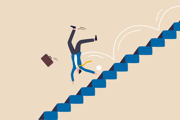 Business risk, mistake or failure, challenge or problem and difficulty, accident causing bankruptcy concept, misfortune businessman fall down stairs in economic crisis or career stumble. - obrazy, fototapety, plakaty
