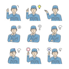 Male blue collar worker gesture variation illustration set