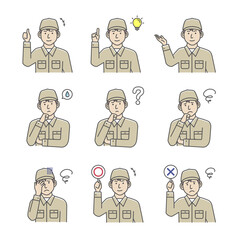 Male blue collar worker gesture variation illustration set