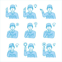 Male blue collar worker gesture variation illustration set