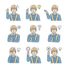 Male blue collar worker gesture variation illustration set
