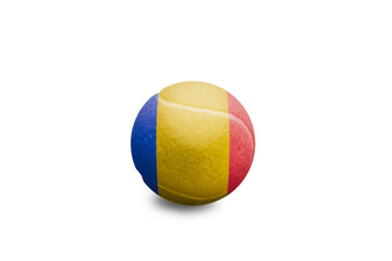 Tennis ball with the coloured national flag of Romania on the white background