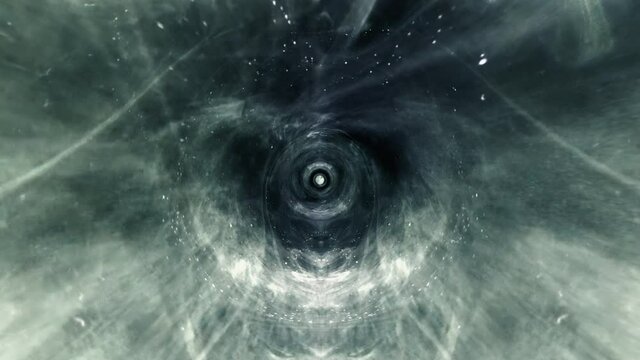 Space fly to grunge green blue wormhole tunnel through space time vortex loop background. 4K 3D render Sci-Fi interstellar travel through wormhole in hyperspace. Abstract cloud interstellar flight.