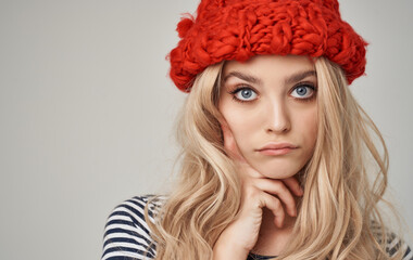 blonde in red hat smile glamor luxury fashion