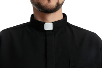 Priest wearing cassock with clerical collar on white background, closeup - obrazy, fototapety, plakaty