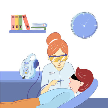 Woman dentist in the office treats teeth of a young man with a medical dental laser. Vector illustration in hand drawn style