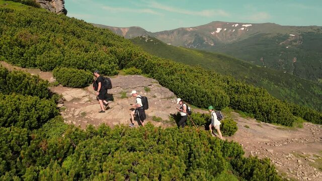 Aerial view on A tourist group climbing up a stone path. Hiking in the mountains in summer.