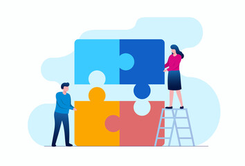 People with puzzle representing teamwork business flat vector illustration banner and landing page