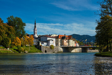 Bad Tolz - picturesque resort town in Bavaria, Germany in autumn and Isar river