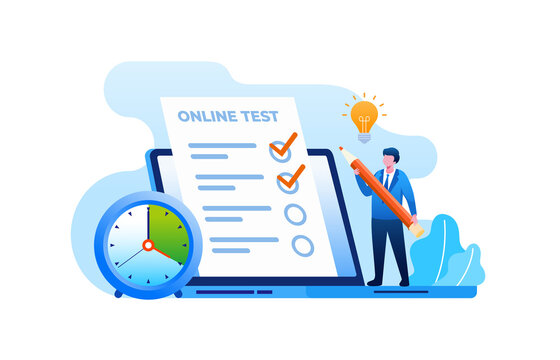 Online test with laptop flat vector illustration for banner and landing page 