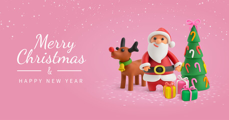 Pink Christmas Greeting Card With Plasticine Santa Christmas Decorations