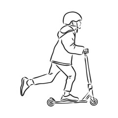 Continuous line woman rides an electric scooter with raised leg