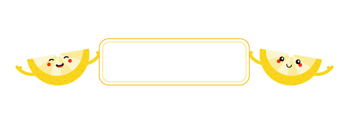 Couple of cute cartoon style yellow smiling lemon slice characters holding in hands blank card, banner.