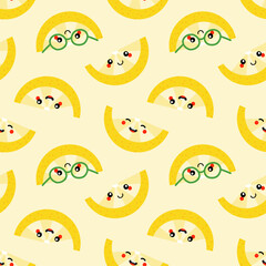 Yellow smiling and cute lemon slice characters vector seamless pattern background.