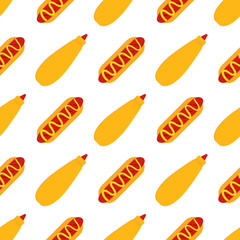 Hot dogs with mustard sauce and bottles of mustard carton style vector seamless pattern background for fast food design.

