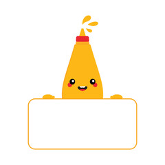 Cute smiling cartoon style bottle of mustard holding in hands blank card, banner for food, fast food design.