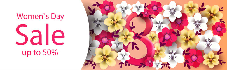 Happy Womens Day Sale Banner With Flowers