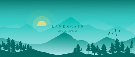 Mountain background vector. Landscape with mountains and sun, Mountainous terrain, Sun set wallpaper design for wall arts, cover, fabric. Vector illustration.