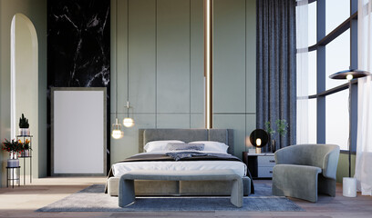 3d rendering,3d illustration, Interior Scene and  Mockup,Hotel bedroom, high ceiling, wall grooving with LED light, bedside ceiling lamp Armchair upholstered in gray leather.