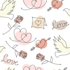 Seamless pattern with single line drawing of romantic symbols. Dove, rose, hearts, invitation, love heart with arrow. Pastel color spots on background. Decoration for Wedding and Valentines day Vector