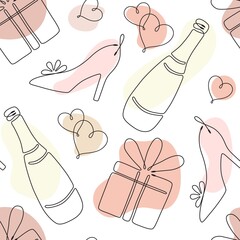 Seamless pattern with single line drawing of romantic symbols. Hearts, gift box, wedding shoe. Pastel color spots on background. Decoration for Wedding and Valentines day. Vector