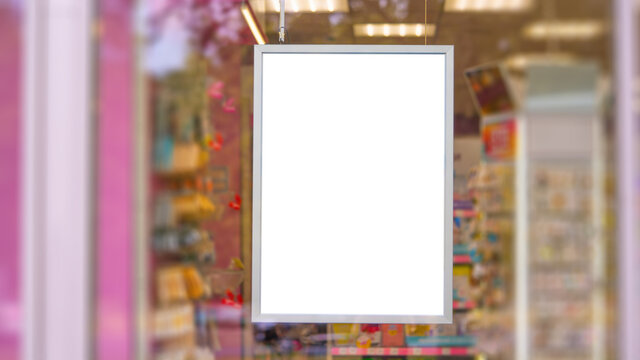 Blank advertising poster display on glass window of store promotion information for announcement message of successful marketing