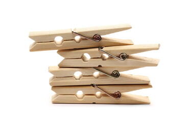 Wooden bamboo clothespins, pegs isolated on white background