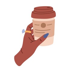 Elegant woman hand with paper coffee cup, tea, hot drinks and beverage. Female hand with long nails and manicure holding cardboard cup. Flat vector cartoon illustration in doodle style.