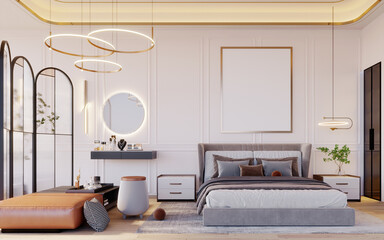 3d rendering,3d illustration, Interior Scene and Frame mockup,Hotel room, dressing area, relaxation area, bed, two side tables glass partition wall wall lamp.