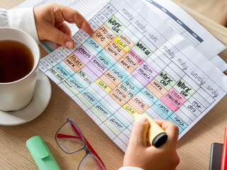 Woman hands holding a Time blocking weekly calendar to organize daily schedule and be productive....