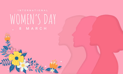 Happy Womens Day Greeting Illustration 3D Papercut Diverse Woman Silhouette With Floral Decoration