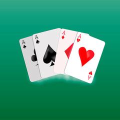 cards are laid out on a green table. Gambling. Four aces. Playing poker, casino, playing table. Vector illustration of playing cards for a poster, banner, website