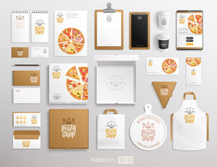 White brand identity of Pizzeria items set of poster, box, flyer, food package. Concept of logo Pizza shop, restaurant stationery mockup set for advertising and decoration. Cafe branding equipment - obrazy, fototapety, plakaty