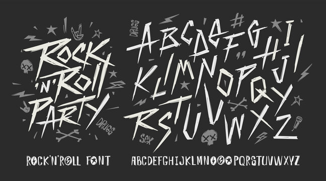Rock n roll vintage sign and grunge style font alphabet vector template. Set of Rock n roll doodle style symbols collection for print stump tee and poster design. Rock music type font