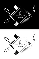 Tailor shop service. Logo in the form of a fish made from sewing supplies. Vector