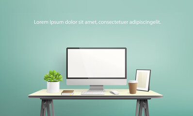 Vector Computer Desktop and office tools on desk table - workplace Mockup template. Editable Mockup of creative workspace background with front view computer desktop on green wall