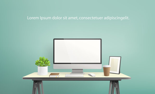 Vector Computer Desktop and office tools on desk table - workplace Mockup template. Editable Mockup of creative workspace background with front view computer desktop on green wall