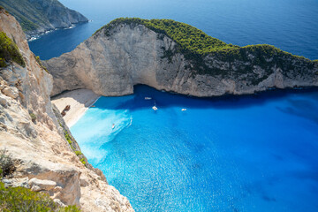 A picturesque bay with a shipwreck on the island of Zakynthos in Greece.
