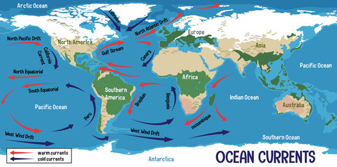 Ocean currents on world map background