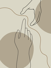 Man Woman Hands Delicate Rejuvenating, Elegant female hands, Realistic Gestures, Boho Line Art, Vector Illustration
