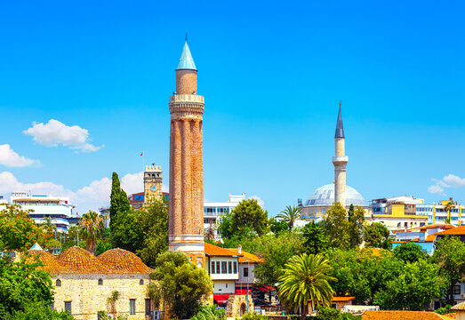 Panoramic view of Antalya Kaleici Old Town with the Clock Tower, Yivli Minaret and Tekeli Mehmet Pasa mosque. Antalya, Turkey