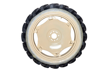 Freshly painted rims in a light color from a farm tractor, isolated on a white background with a clipping path.