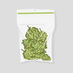 Cute funny happy marijuana weed bud in packet.Vector flat cartoon character illustration icon design. Cannabis in packet Isolated on white background.Weed bud,marijuana,medical bud