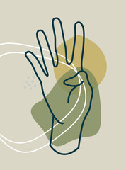 Modern abstract boho style hand gesture. Aesthetic hand-drawn modern gesture art contemporary bohemian poster cover template. Organic boho shape set