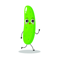 Vector illustration of cucumber character with cute expression, smile, wal, happy, funny, cucumber isolated on white background, simple minimal style, vegetable for mascot collection, emoticon, kawaii