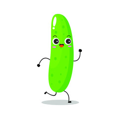 Vector illustration of cucumber character with cute expression, smile, wal, happy, funny, cucumber isolated on white background, simple minimal style, vegetable for mascot collection, emoticon