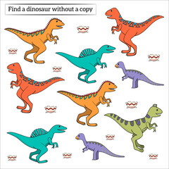find a drawing without copy, task for kids with dinosaurs, vector.