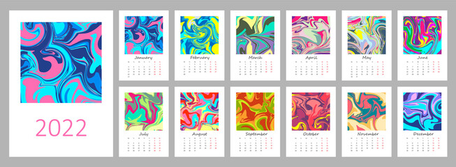 Calendar template for 2022. Vertical design with liquid multicolor paint art. Editable illustration page template A4, A3, set of 12 months with cover. Vector mesh. Week starts on Monday.