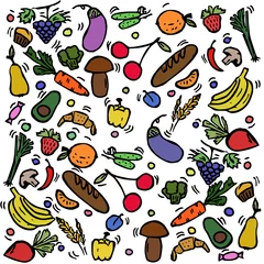 Foto op Plexiglas Colored set icons with vegetables. Doodle illustration with vegetables icons on white background. Vintage vegetarian set icons, sweet elements background for your project, menu, cafe shop.  © eliyashevskiy